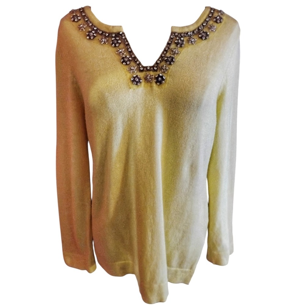 Soft Surroundings Pale Yellow Rhinestone Sweater Size Small